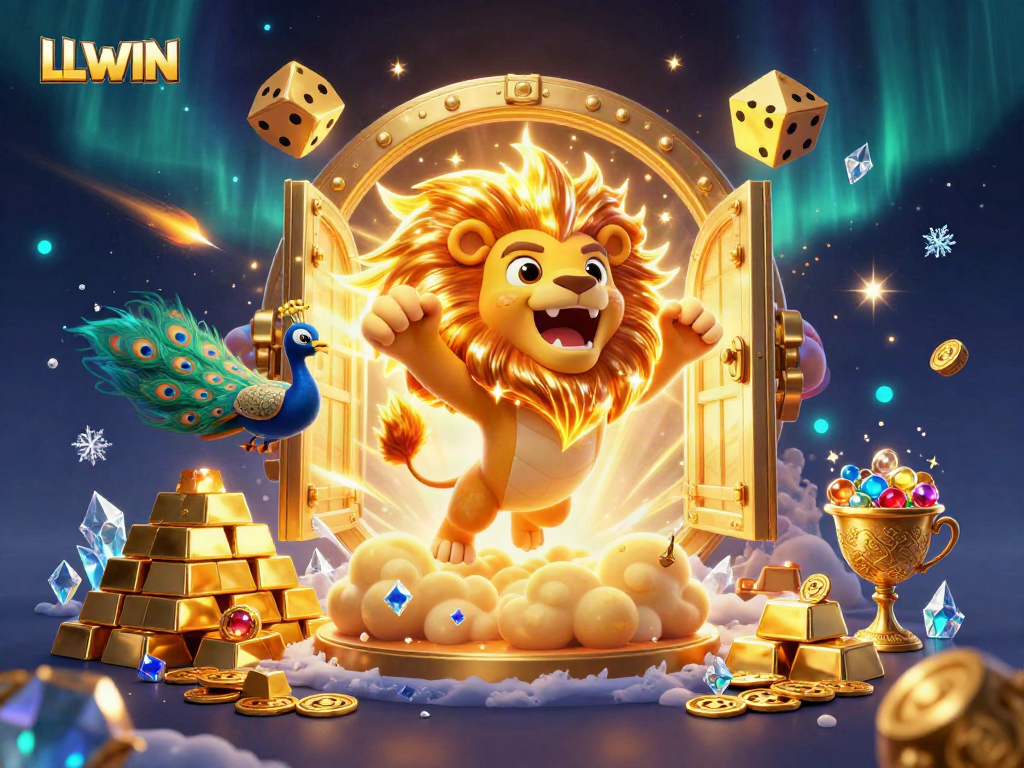 Experience the thrill of LLWIN's vibrant online casino environment with a roaring sun lion amid brilliant treasures.