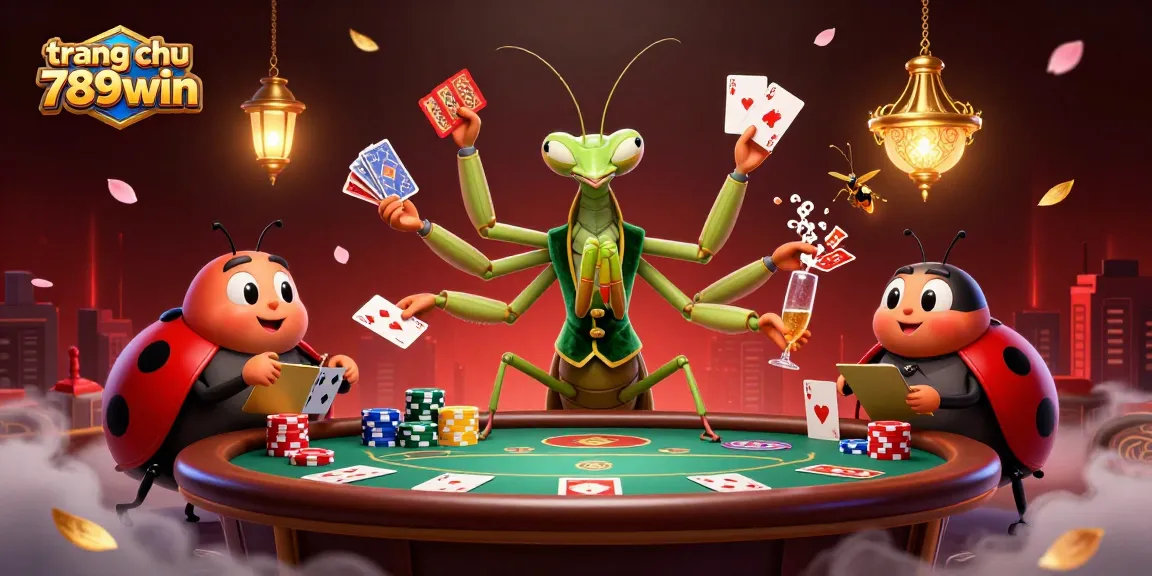 Experience the thrill of poker with trang chu 789win featuring a giant praying mantis dealer in a vibrant casino.