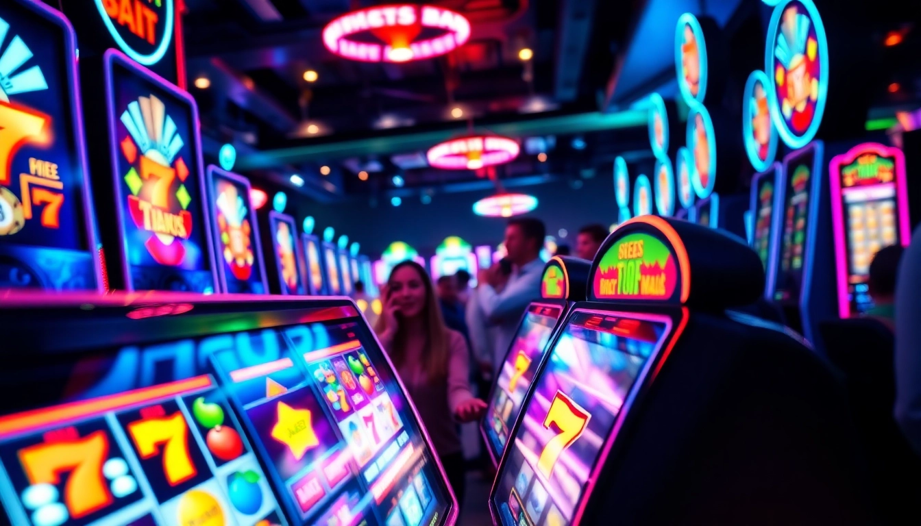 Engaging scene of slot gambling with colorful machines and excited players.