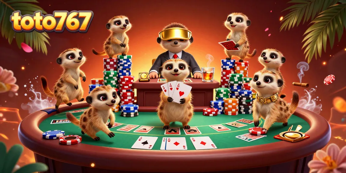 Slot online toto767 dengan koloni meerkat bermain kartu di kasino berwarna cerah.