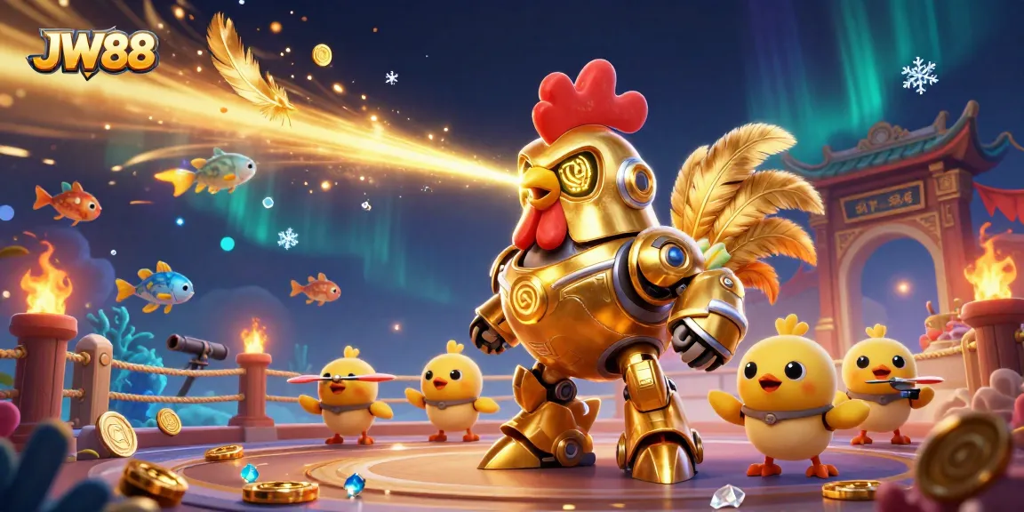 Experience thrilling fish shooting games with JW88's engaging golden rooster robot and baby chick drones.