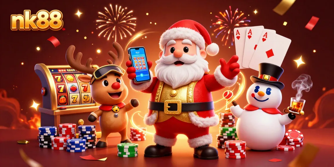 Spin jackpot slots with nk88's festive Santa in a lively casino scene.