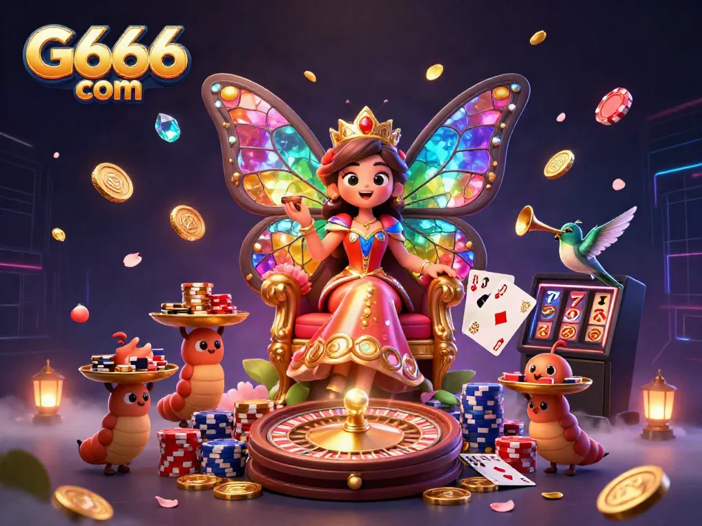 Experience the excitement of G666 com with a vibrant depiction of gaming and luck, including a butterfly queen and casino elements.