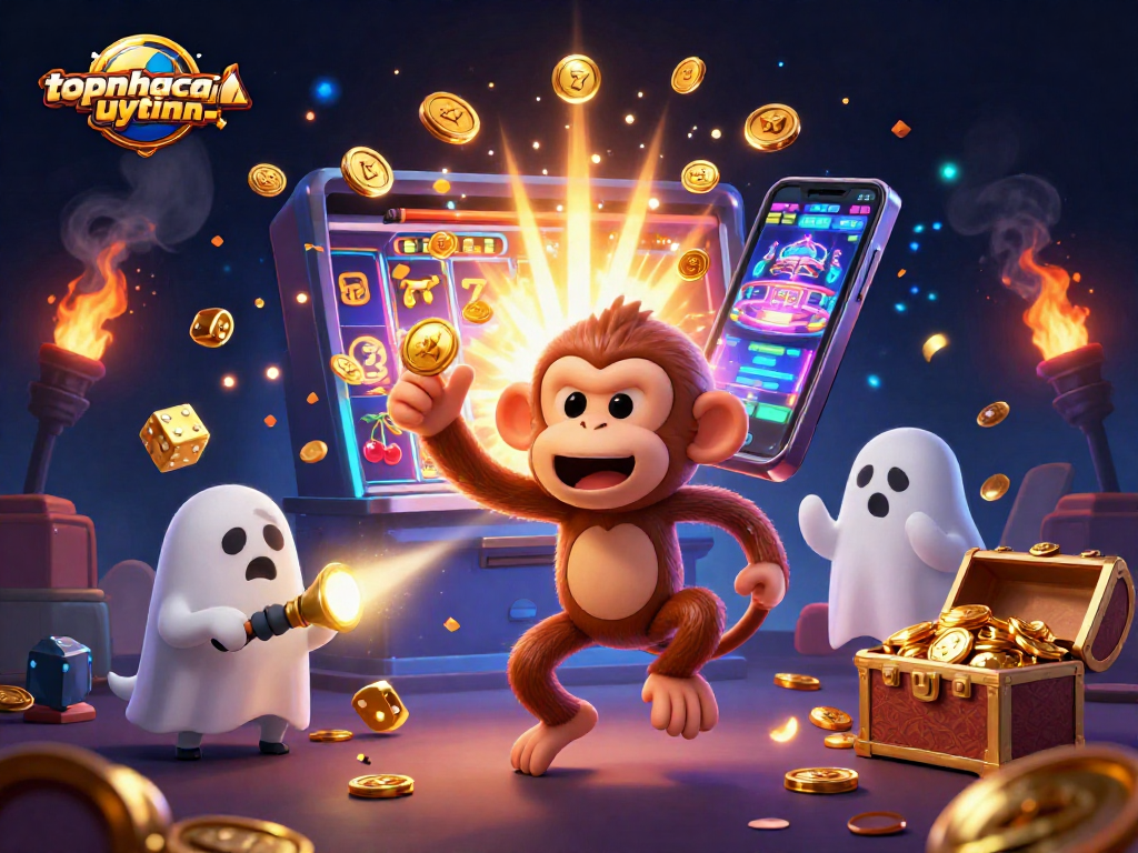 Engage in thrilling play at topnhacaiuytinn with dazzling slots, lucky dice, and a playful ghost-hunter puppy chasing coins.
