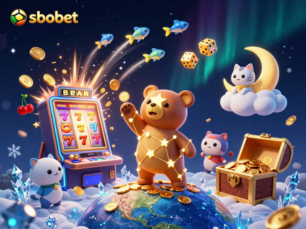 Scoop up sbobet winnings as a constellation bear reaches for coins amidst casino fun with vibrant imagery.