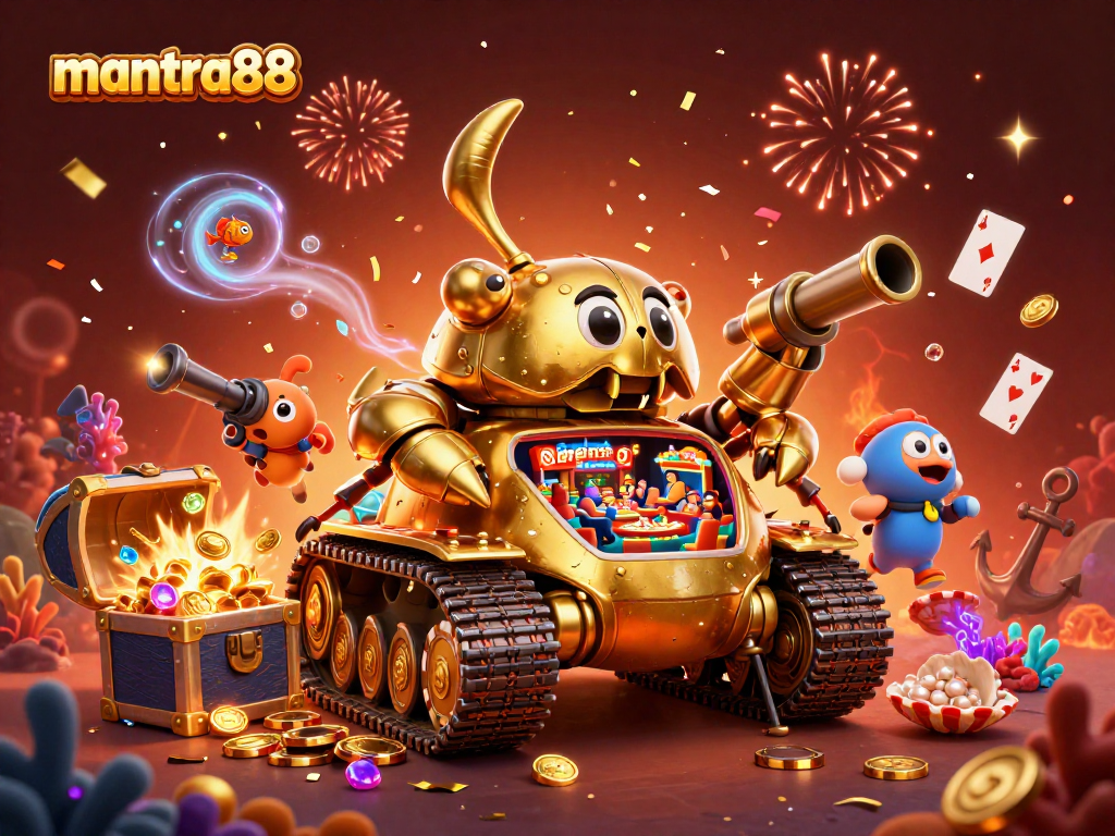 Experience the excitement at mantra88 with a vibrant casino scene featuring playful characters and rich game elements.