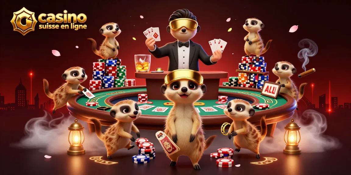 Casino suisse en ligne : des suricates animant une scène de poker dynamique dans un casino.