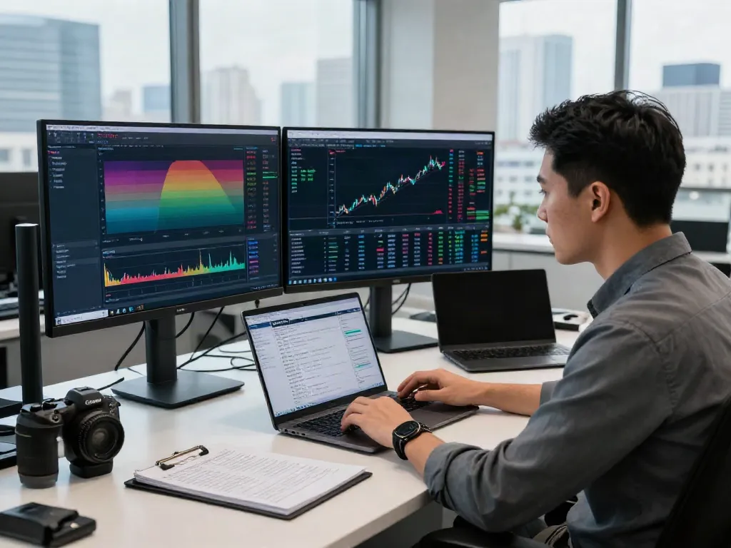 Focused trader analyzing MetaTrader 5 trading interface with market charts in a modern office.