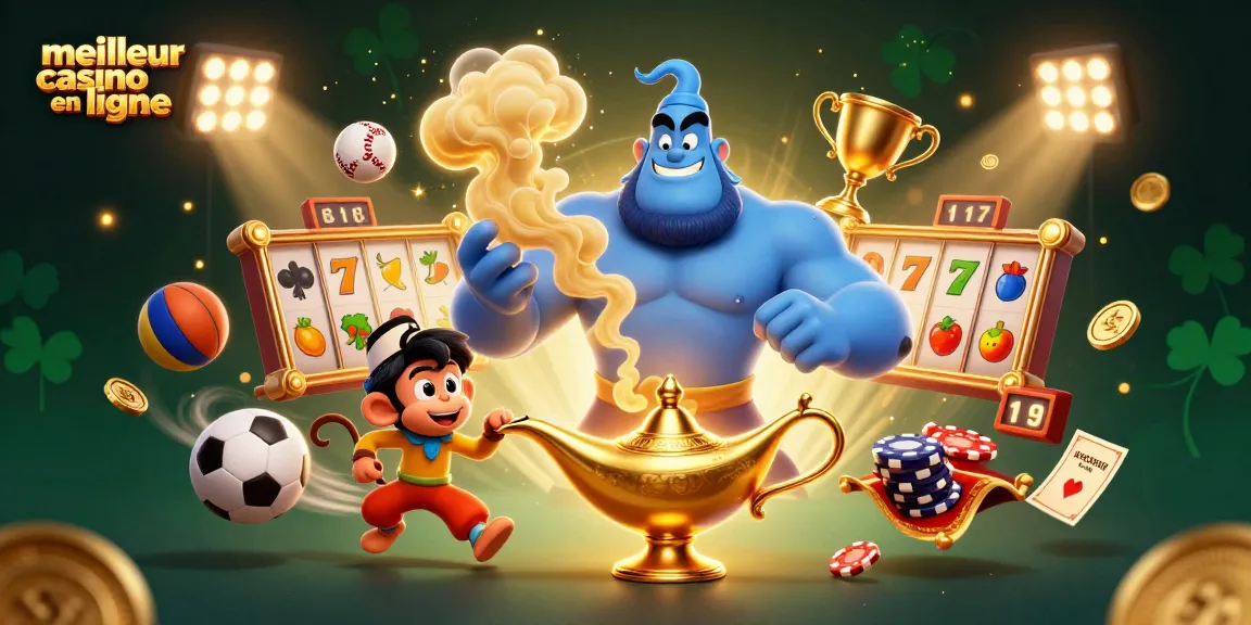 Découvrez le meilleur casino en ligne avec une illustration vivante d'un génie émergeant d'une lampe.