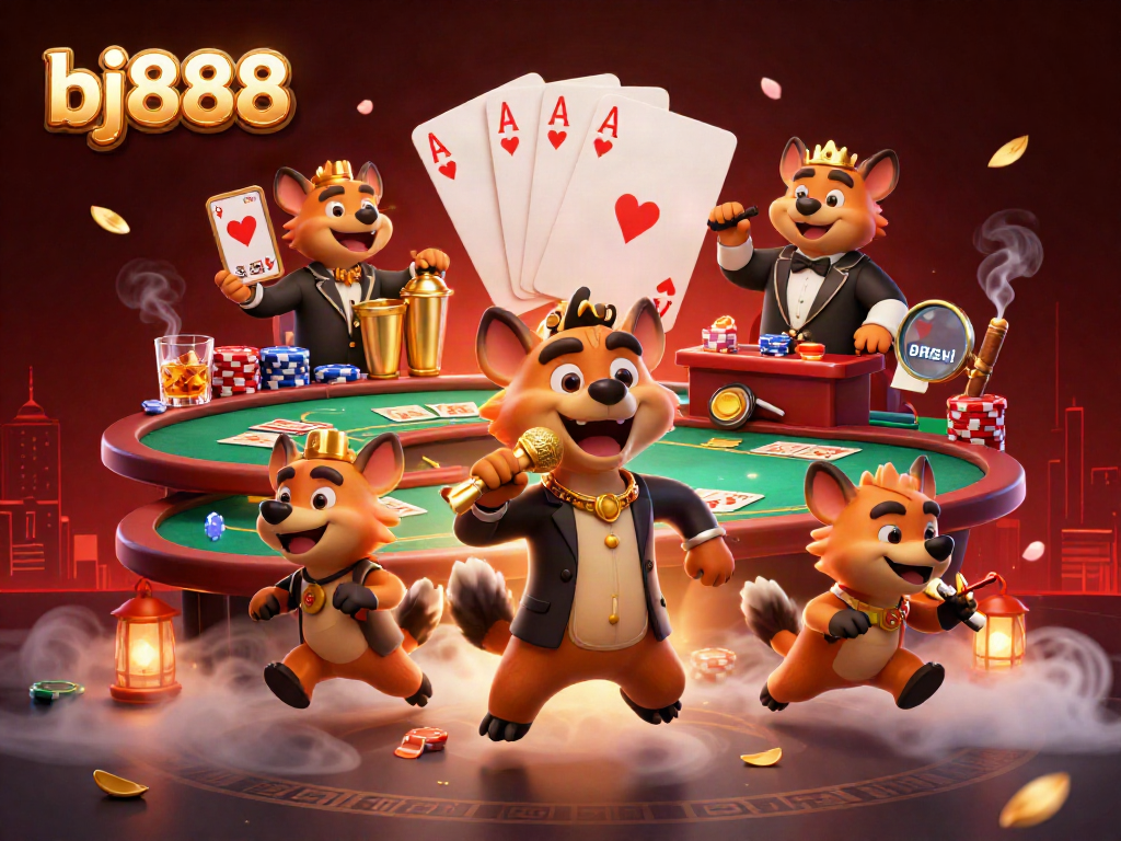 Celebrate wins at bj888 with a vibrant comedy casino scene filled with playful hyenas and casino action.