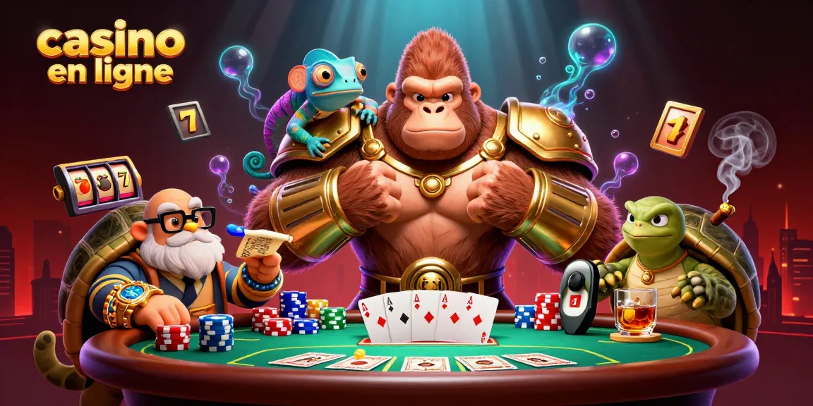 Jouer au casino en ligne avec un gorille roi en armure dorée, accompagné d'un caméléon et d'une tortue sage.