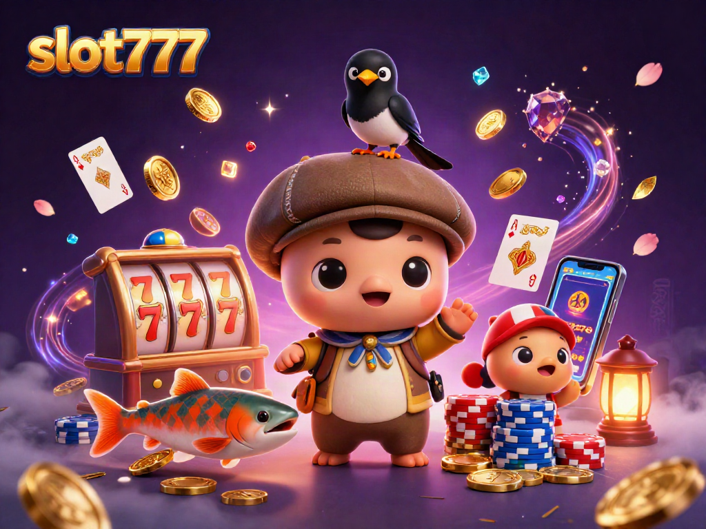Bermain slot777 dengan grafis menarik, mesin slot keberuntungan dan karakter lucu dalam adegan permainan kasino.