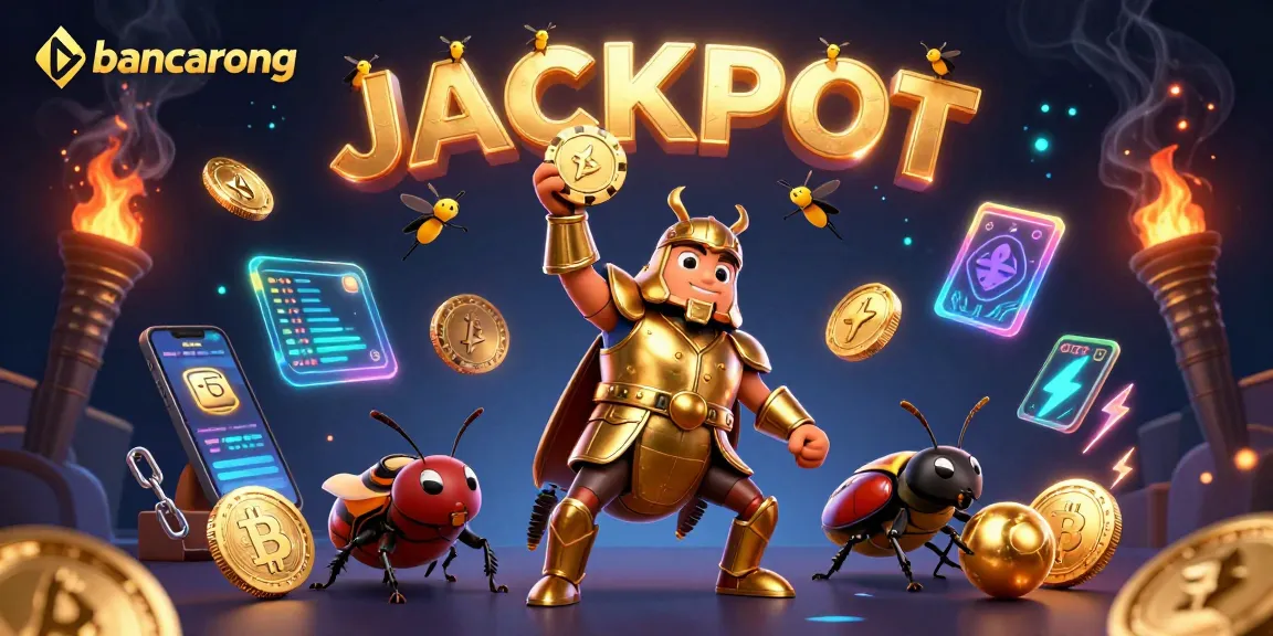 Win big with bancarong in this vibrant 3D casino illustration featuring a heroic beetle and crypto elements.
