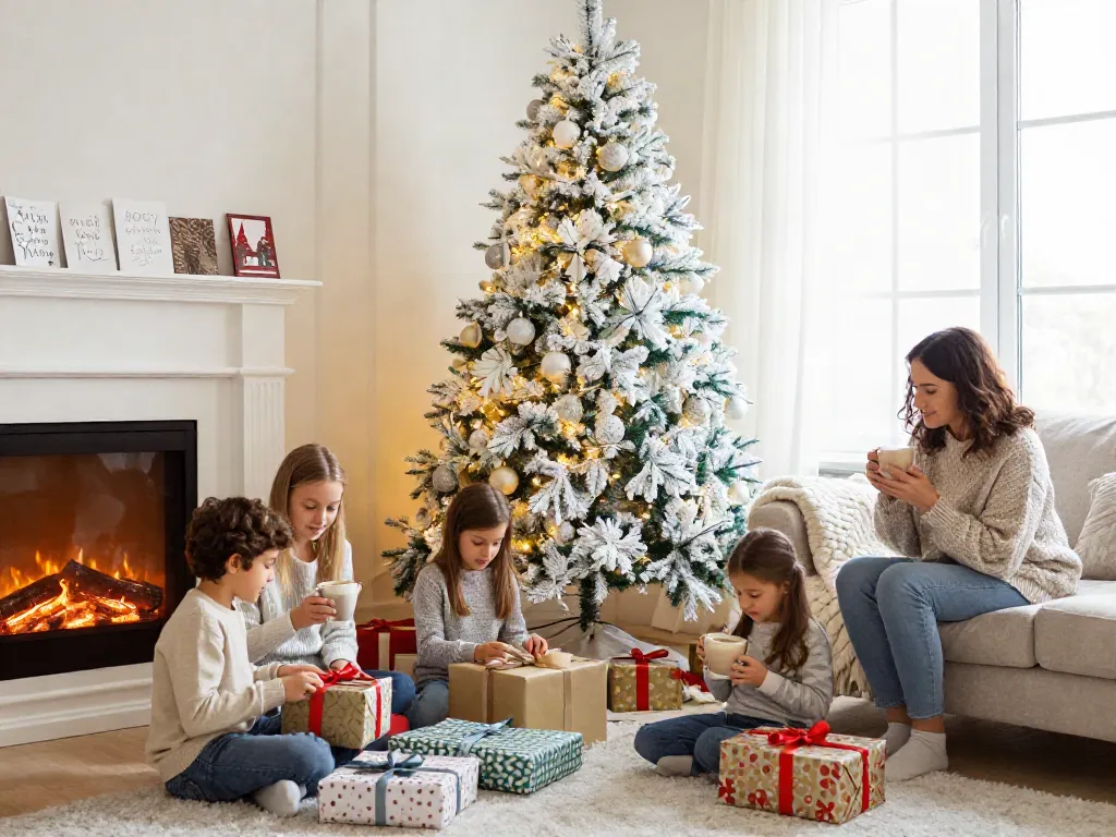 Celebrating the holiday spirit with artificial white xmas trees adorned with lights and ornaments in a cozy living room