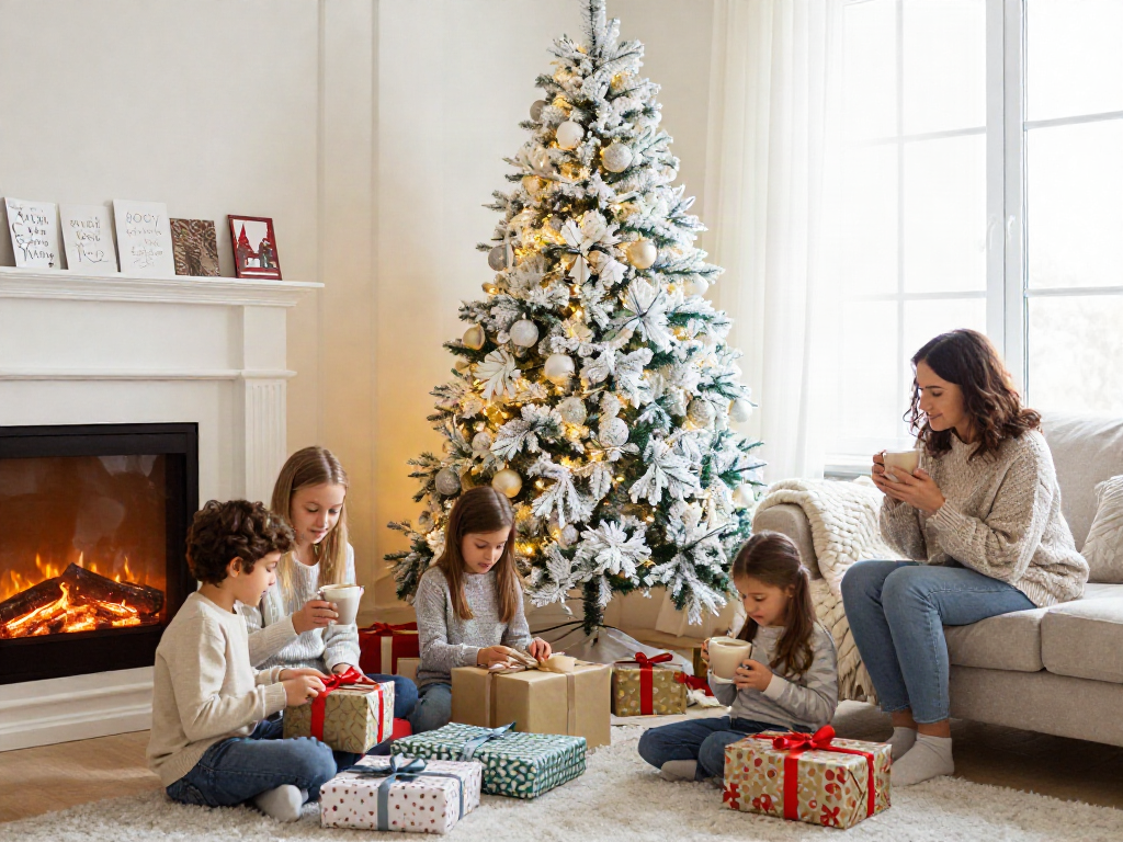 Celebrating the holiday spirit with artificial white xmas trees adorned with lights and ornaments in a cozy living room