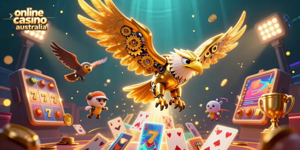 Engaging illustration of a cybernetic eagle amidst holographic cards showcasing the online casino Australia.
