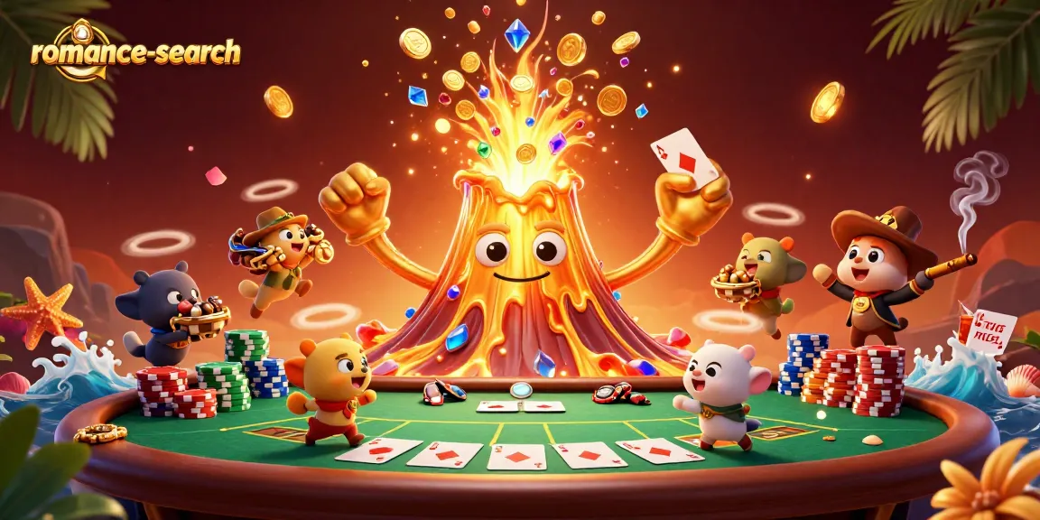 Spin the reels for rewards at romance-search with a golden volcano erupting treasures and poker action!