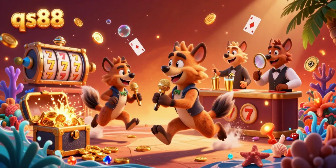 Experience the thrilling atmosphere of qs88 with hyena comedians and bartenders in a vibrant casino scene.