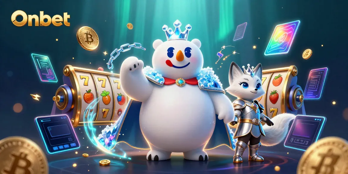 Experience Onbet with a dynamic scene featuring a polar bear king and snow fox in a vibrant casino setting.