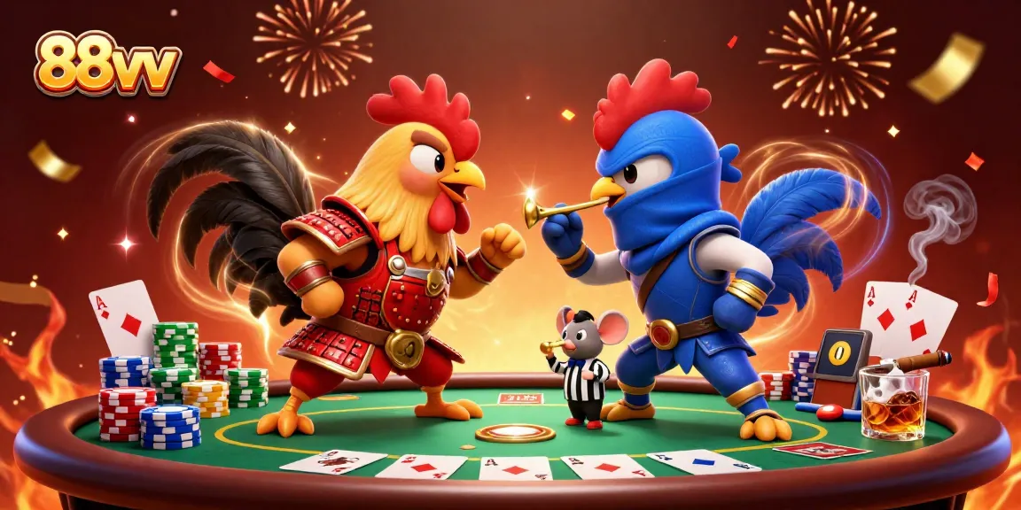Experience thrilling poker action with 88vv, featuring fighting roosters and poker elements in an energetic scene.