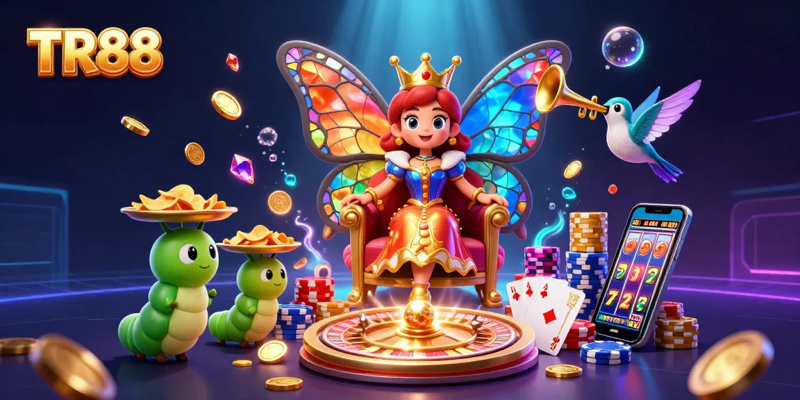 Catch the excitement with TR88's vibrant 3D casino illustration featuring cascading coins and a butterfly queen.