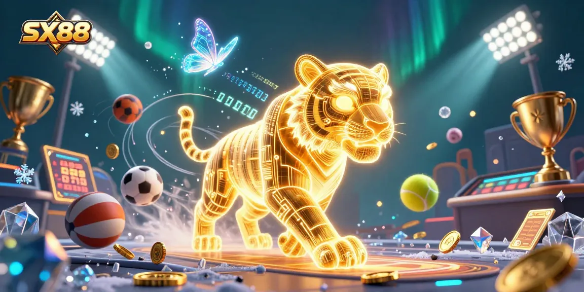 SX88 showcases a vibrant digital casino landscape featuring a luminous golden tiger and holographic butterflies amidst dynamic entertainment.