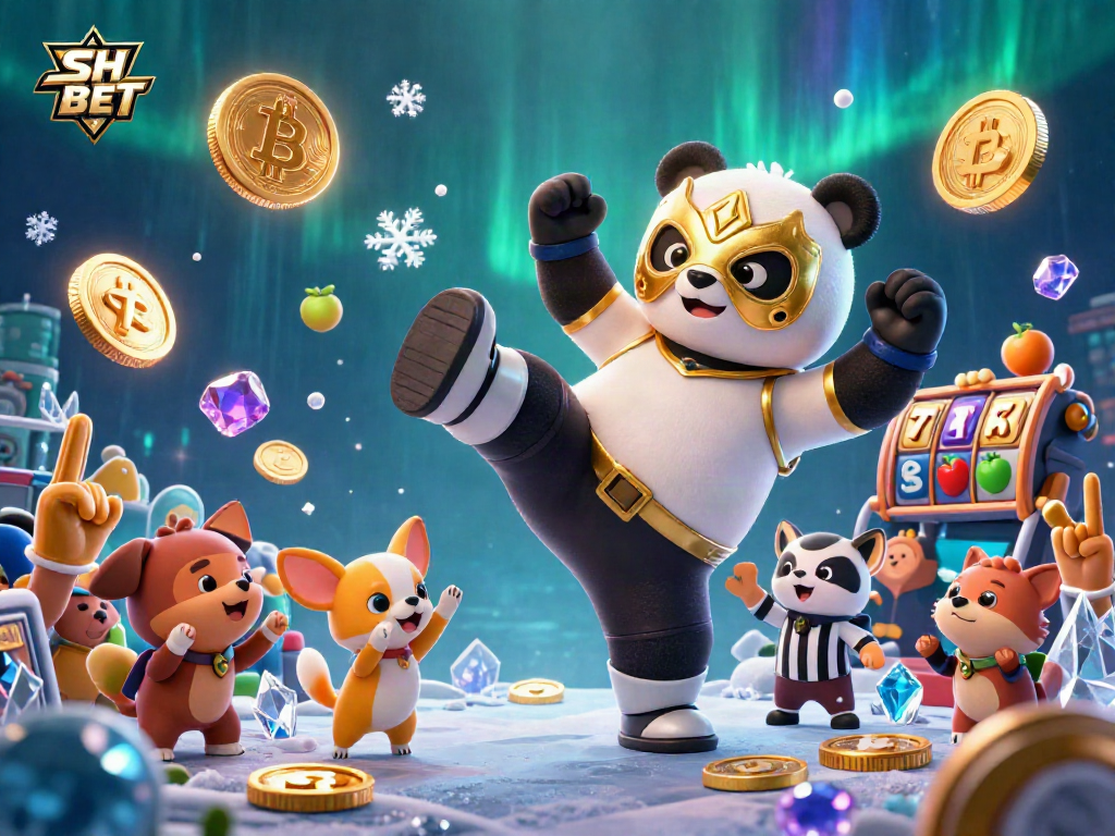 Experience thrilling action with SH BET as a panda wrestler kicks, surrounded by lively slot game elements.