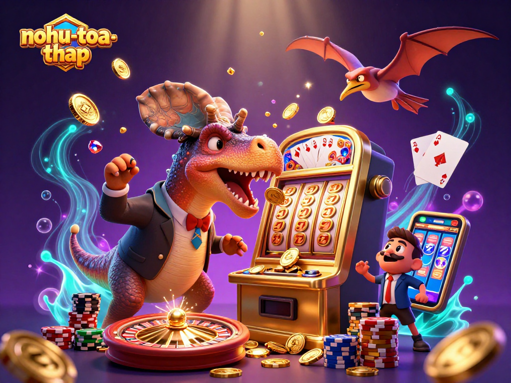 Experience nohu-toa-thap with a colorful scene featuring characters engaging with golden jackpot slots