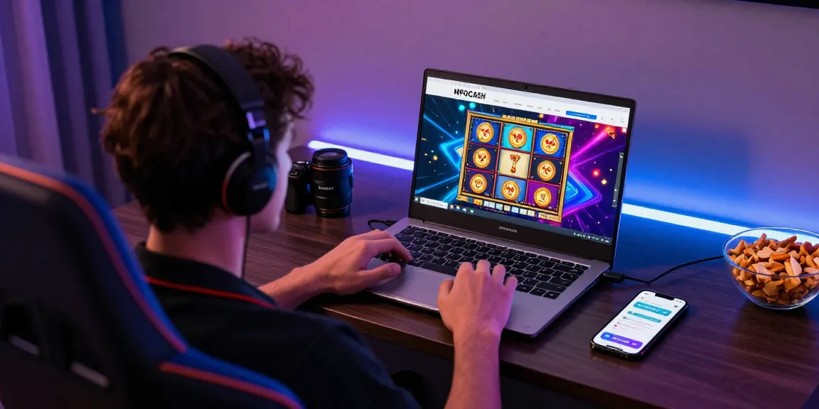 Focused player engaging with MPOCASH online games on gaming laptop in cozy atmosphere.