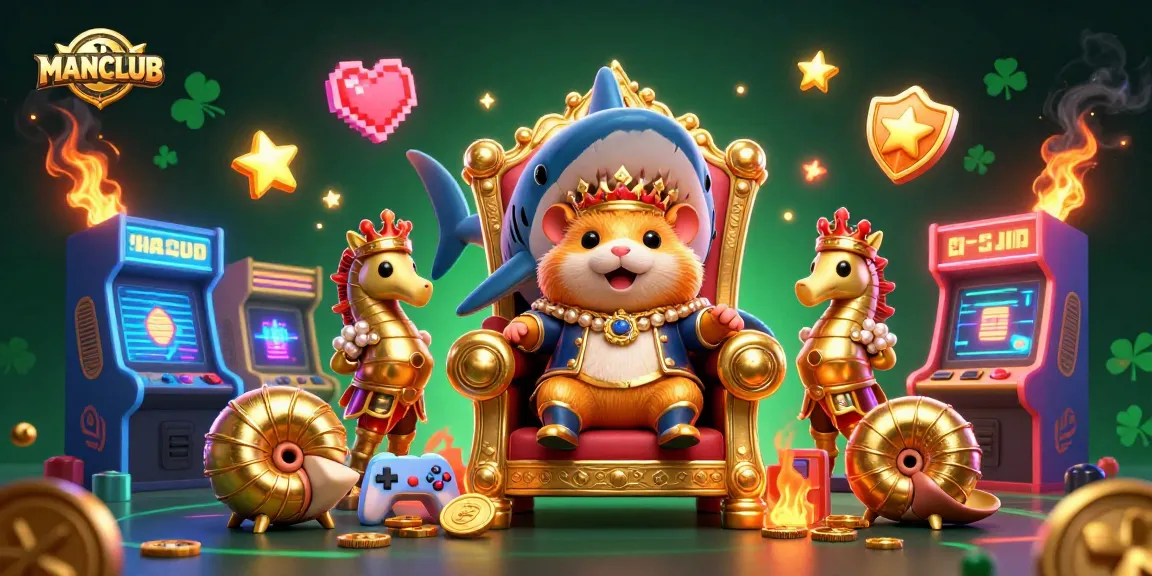 Engage with MANCLUB's thrilling gaming experience featuring a golden hamster king and vibrant casino elements.