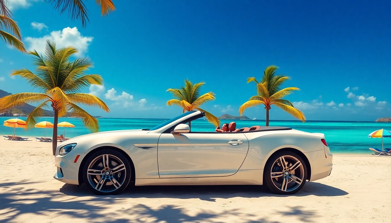 Rent a car saint barth parked on a beautiful beach under a clear sky, inviting luxury and adventure.