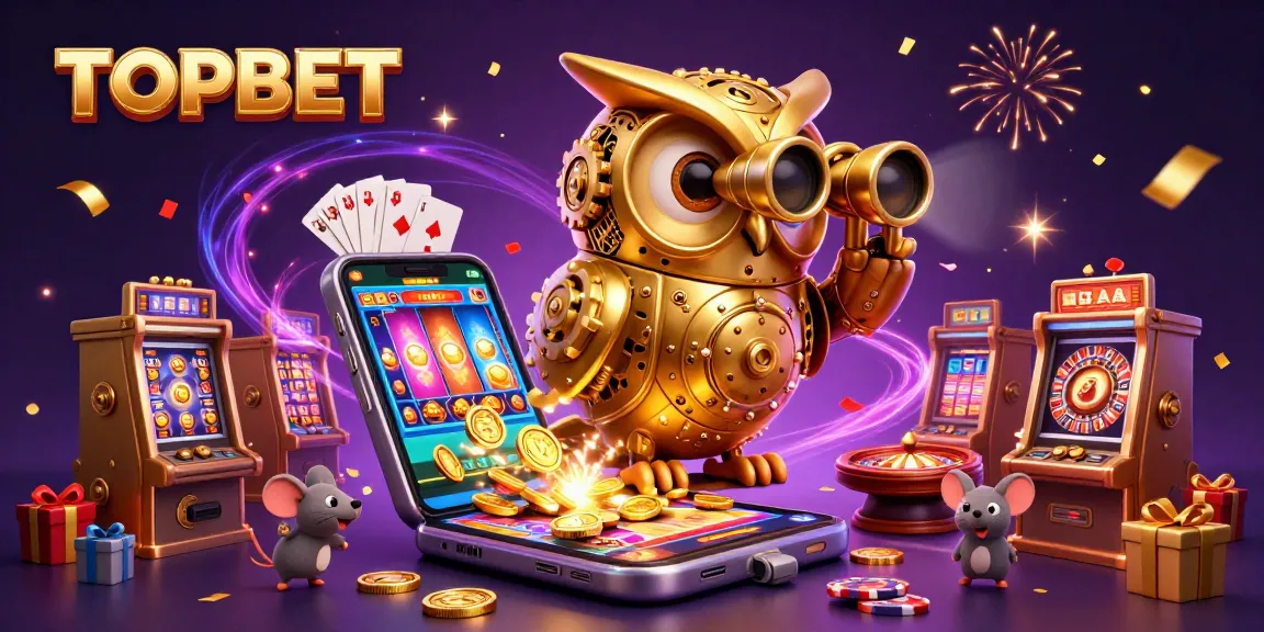 Engage with TOPBET’s vibrant online gaming scene, featuring whimsical characters and exciting slot gameplay.