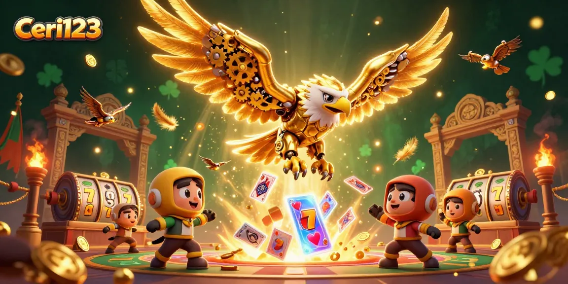 Ceri123 jackpots await as the golden eagle dives through holographic cards and slot reels.