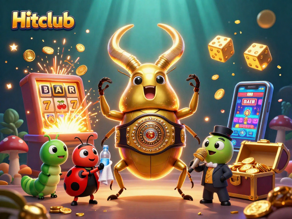 Engage with Hitclub's thrilling 3D casino scene featuring a golden stag beetle and colorful slot symbols.