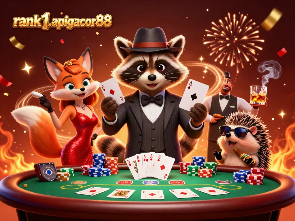 Experience thrilling poker excitement with rank1-apigacor88 as a suave raccoon celebrates a royal flush surrounded by colorful chips.