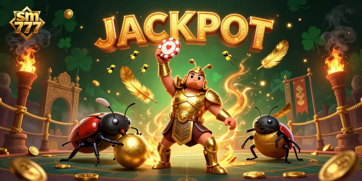 Experience the thrill of sm 777 with a heroic beetle celebrating big wins in a vibrant casino setting.