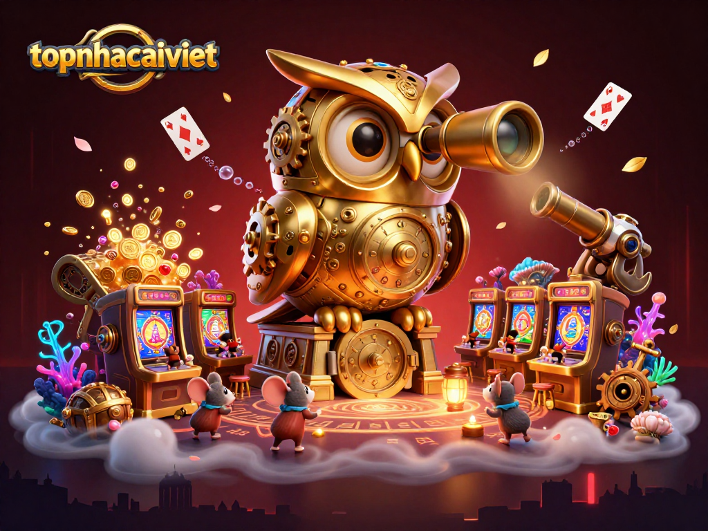 Experience thrilling gameplay at topnhacaiviet with a golden owl overseeing animated casino action.