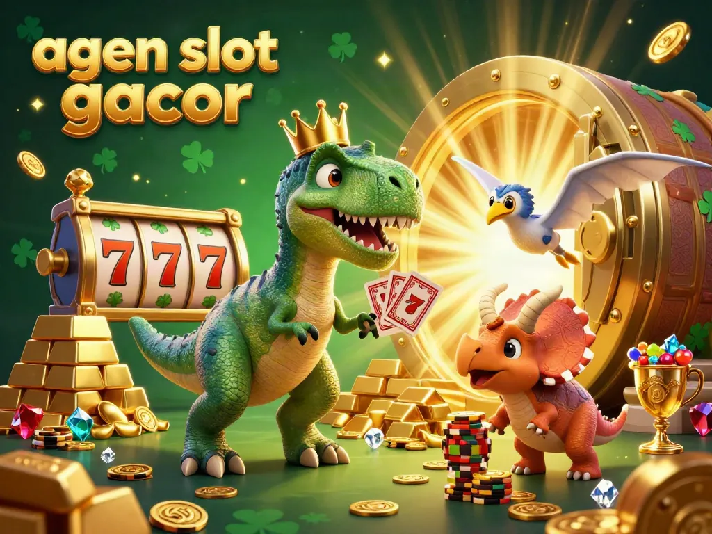 A dynamic scene of friendly T-Rex, pterodactyl, and triceratops showcasing agen slot gacor with slot reels and golden treasures.