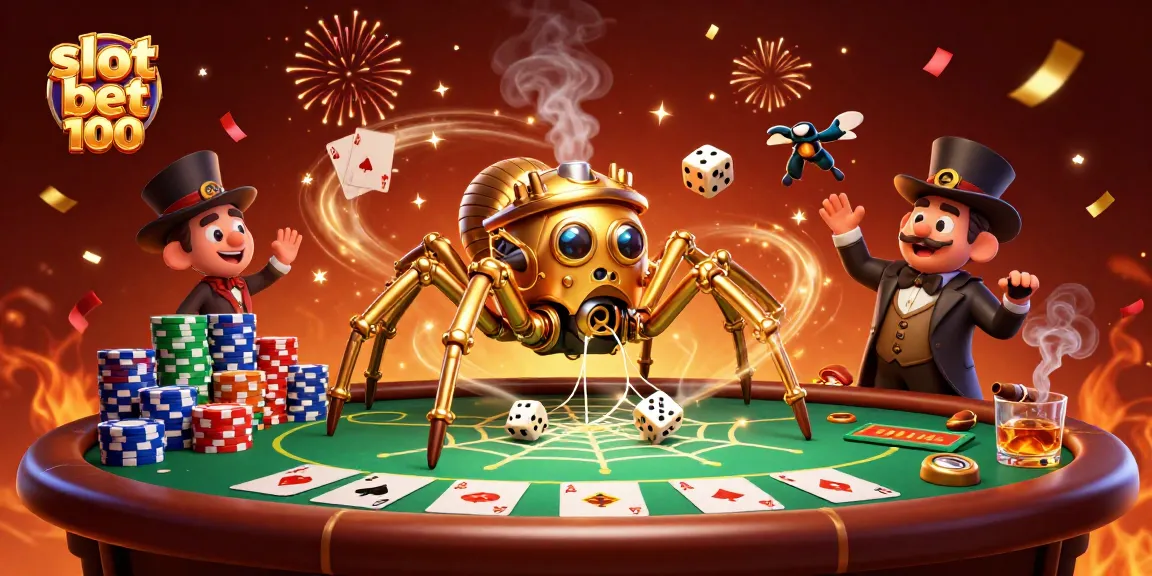 Engage with slot bet 100 in this vibrant 3D casino scene, featuring a steampunk spider and dynamic poker elements.