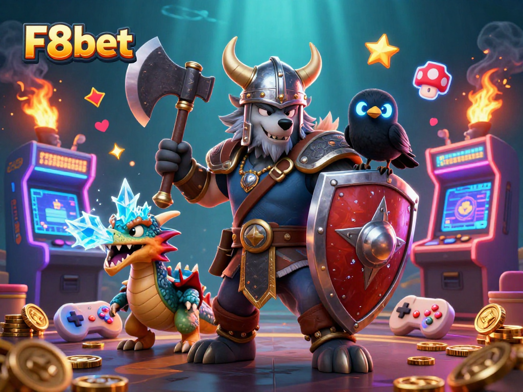 Experience epic adventures with F8bet's vibrant casino scene featuring game characters and elements.