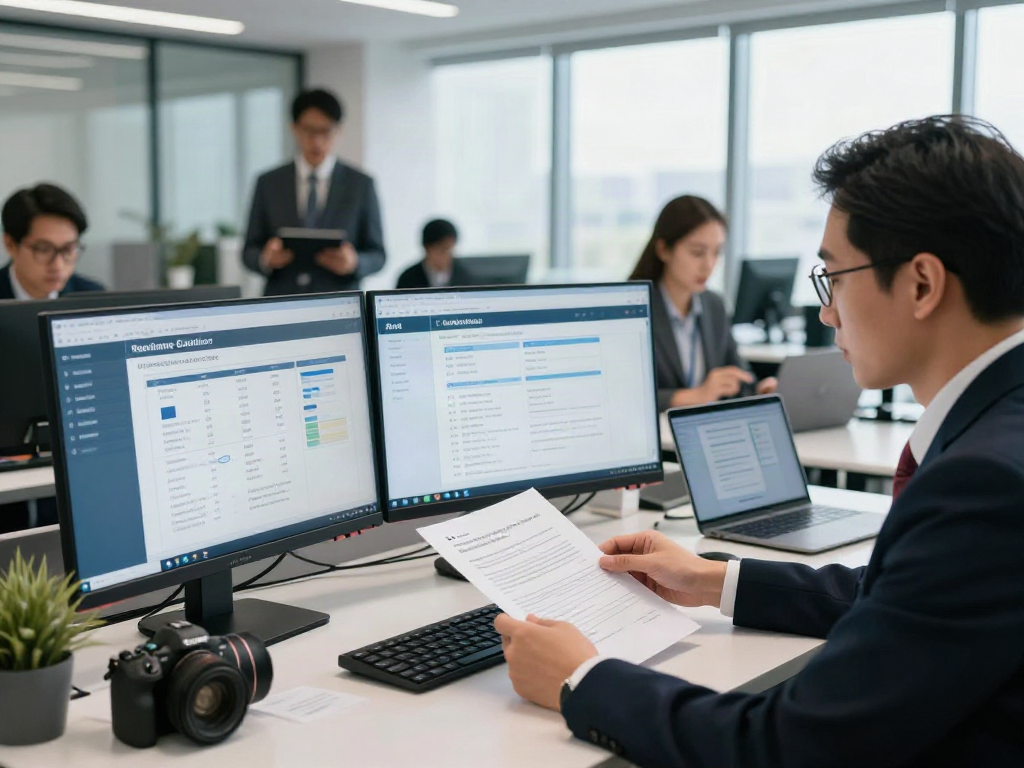 Office professionals collaborating on a document fraud detection solution strategy, analyzing digital documents and reports.