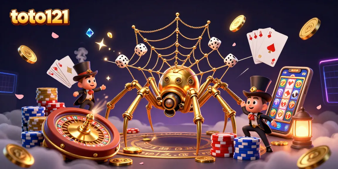Spin to win at toto121 with vibrant casino action featuring a whimsical golden spider and charming elements.