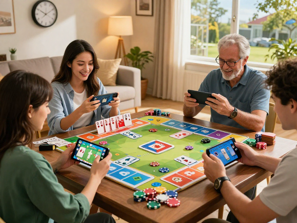 Players enjoying ramble rummy on mobile devices in a cozy living room with vibrant gameplay action.