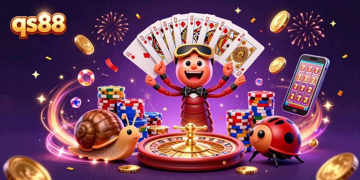 Experience the vibrant excitement of qs88 with a colorful 3D casino scene featuring animated characters and dynamic gaming elements.