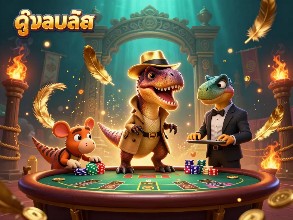 Experience thrilling ดูบอลสด action with a cartoon velociraptor card counter, stegosaurus pit boss, and compy pickpocket at a vibrant casino scene.