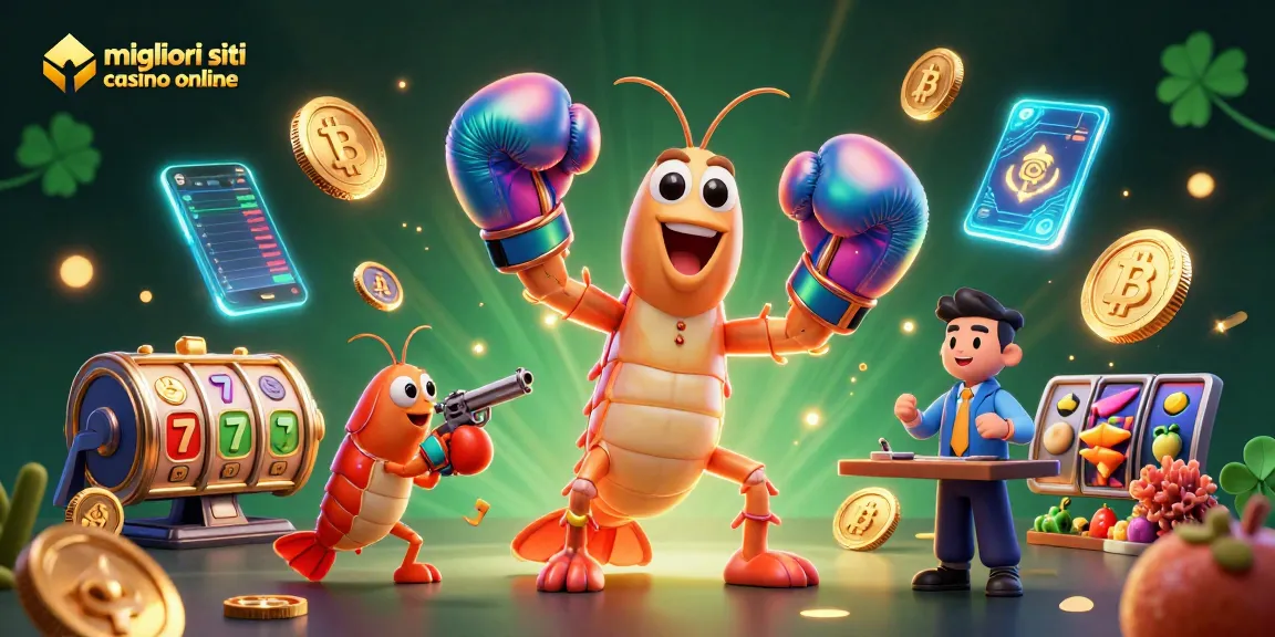 I migliori siti casino online presentano una vivace scena di un gambero mantide e un gambero pistola nel gioco delle slot con elementi luminosi.