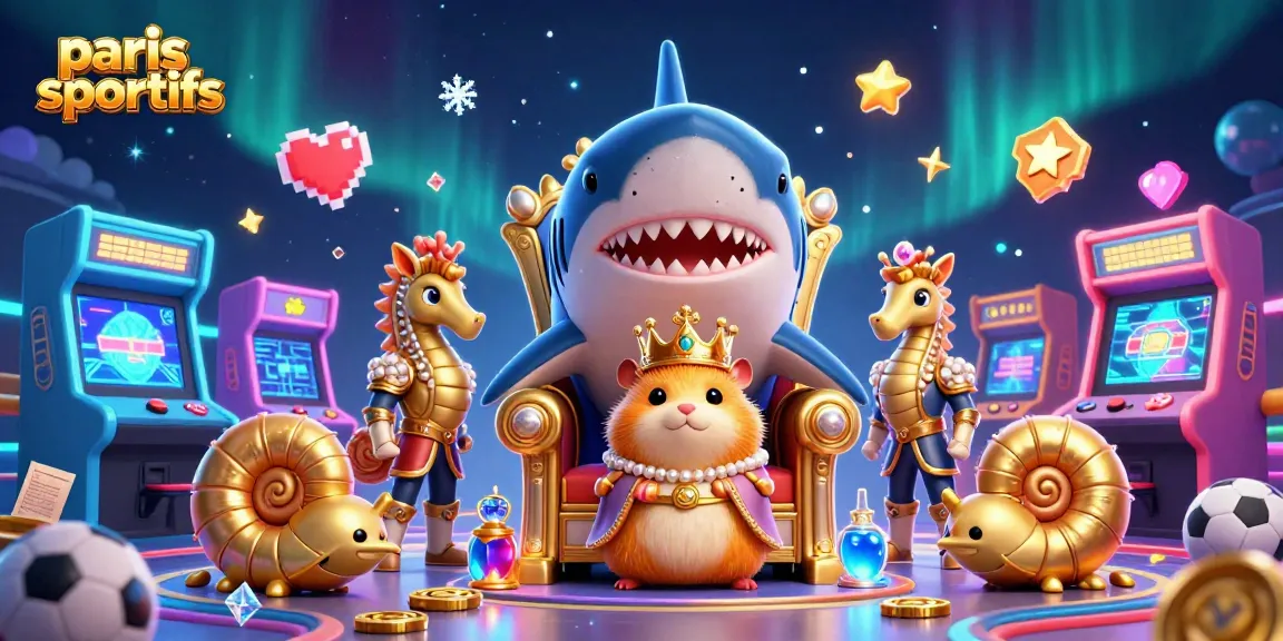 Les paris sportifs animés illustrés avec un roi hamster aux côtés de gardes hippocampes et de machines de jeux colorées.