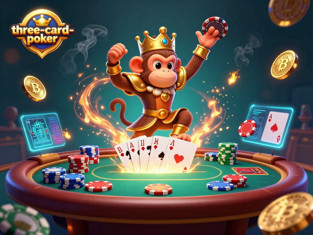 Engage in thrilling three-card-poker gameplay with vibrant elements in a lively casino atmosphere.