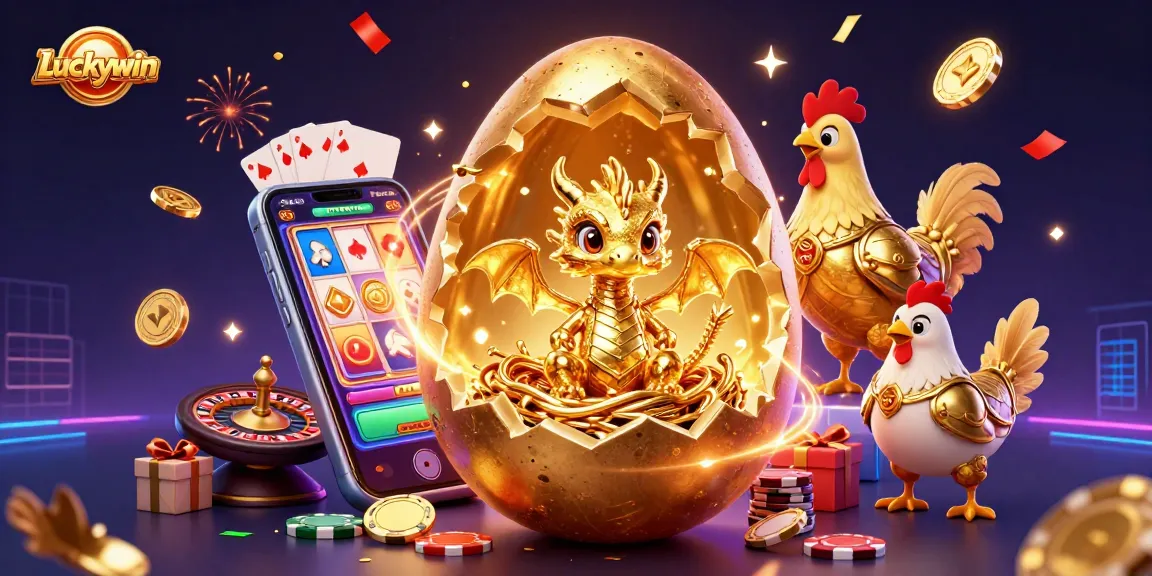 Experience the excitement of Luckywin with a vibrant 3D illustration featuring a gold dragon and casino elements.