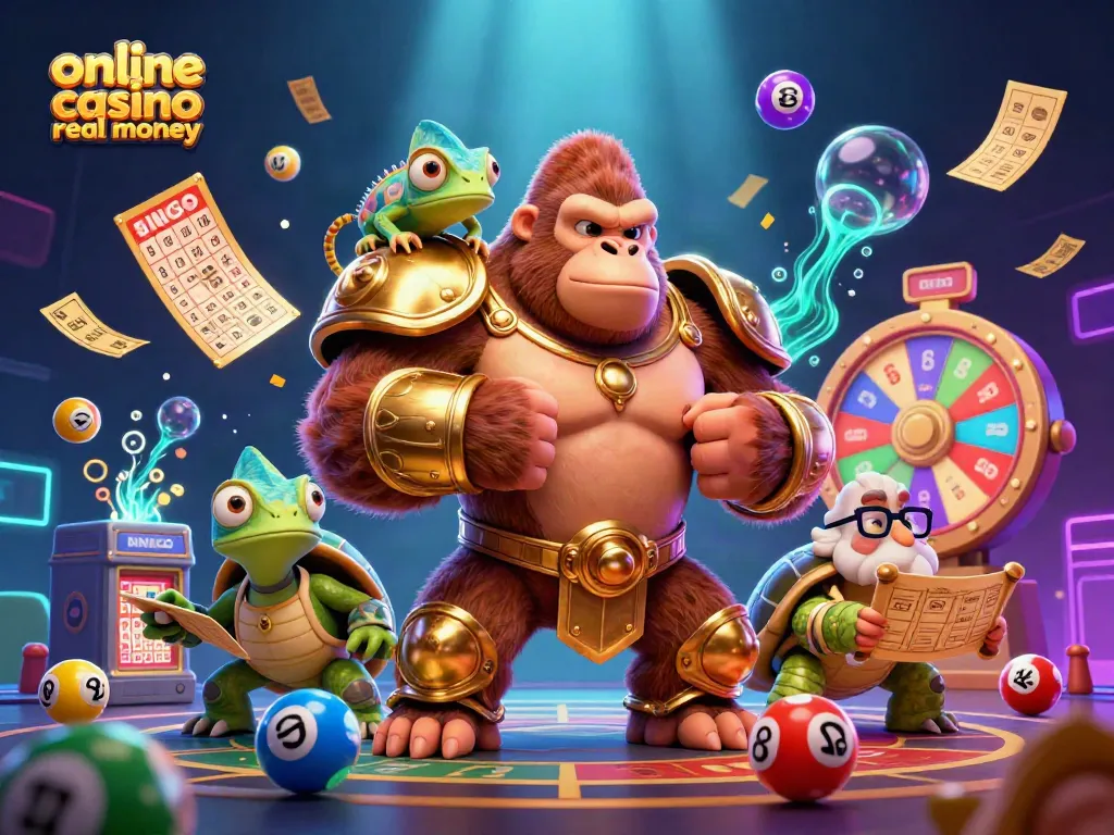 Experience thrilling gameplay at online casino real money, featuring a gorilla king, a chameleon companion, and vibrant lottery elements.